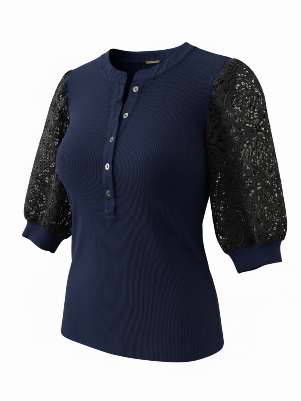 Ellie Tahari Navy Lace Puff Sleeve Blouse with Ribbed Bodice